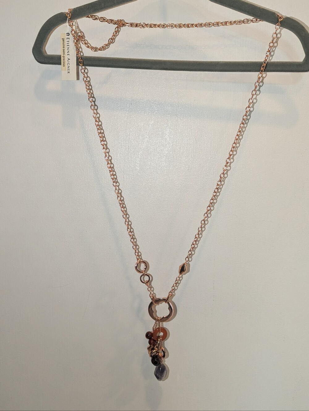 Etienne Aigner Vintage Rose Gold Tone Charm Cluster Necklace with Pink Accents
